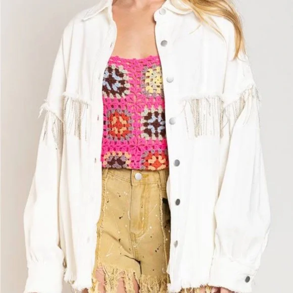 Veveret White Fringe Rhinestone Denim Tassel Jacket Size Large - Picture 4 of 16